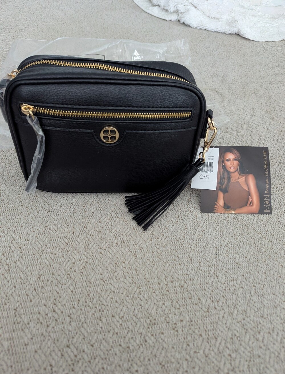 IMAN Black Crossbody Camera Bag with Tassel
